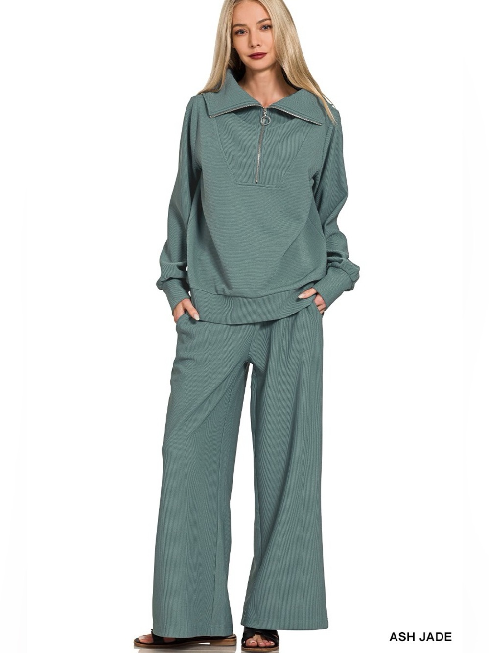 Zenana Ribbed High Neck Half Zip Pullover & Pants Set